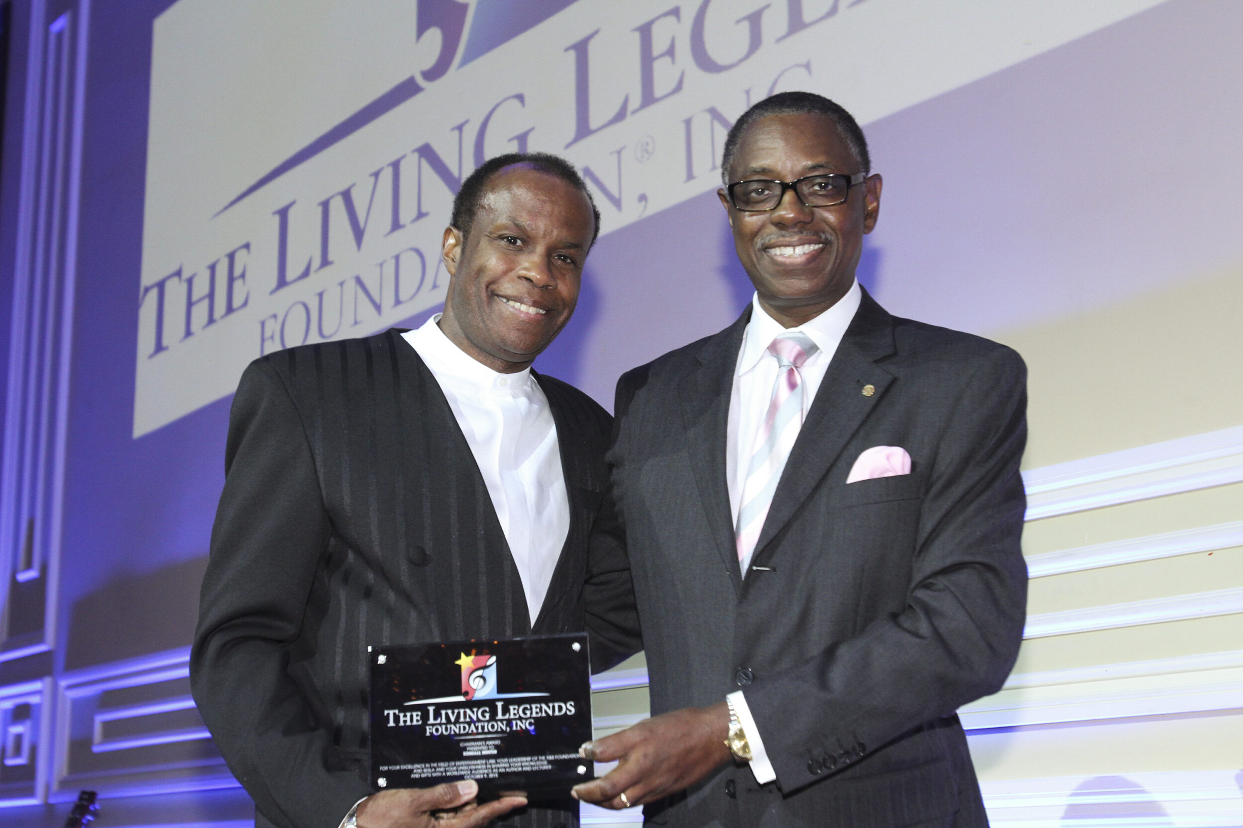 Kendall A. Minter accepted the Living Legends Foundation Award (2015), presented by David C. Linton, Chairman of the Living Legends Foundation (Photo Courtesy of the Living Legends Foundation)