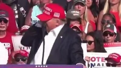 Donald Trump in Butler PA as shots are heard - screengrab