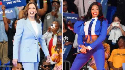 Kamala Harris - Megan Thee Stallion in pants suits (Julia Beverly-Getty Images via CNN Newsource)
