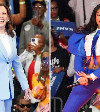 Kamala Harris - Megan Thee Stallion in pants suits (Julia Beverly-Getty Images via CNN Newsource)