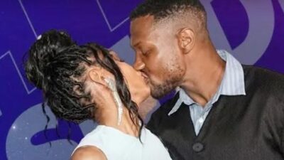 Meagan Good and Jonathan Majors kissing - screenshot