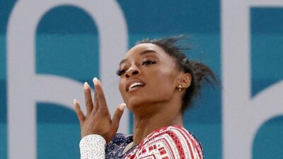 Simone Biles floor routing at Paris Olympics (Mike Blake-Reuters via CNN Newsource)
