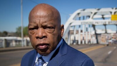 John Lewis in front of Edmond Pettus Bridge in Selma Al (Jeremy Moorhead-CNN via CNN Newsource)