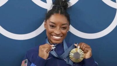 Simone Biles with gold medal - YouTube screenshot