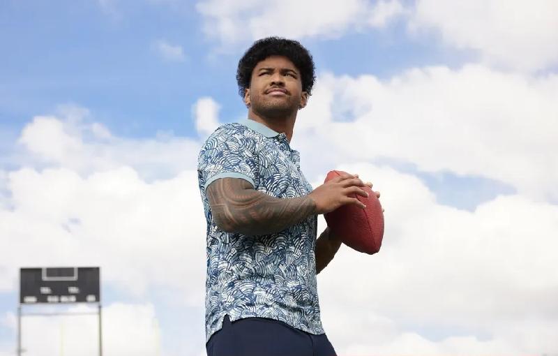 Tua Tagovailoa in the printed polo shirt from the Tua X Perry Ellis collection - Courtesy Perry Ellis International