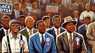 Black male voters listen to political speaker