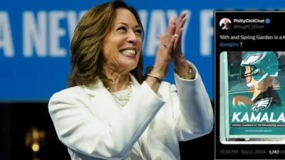 Kamala Harris and fake Eagles ad-promo