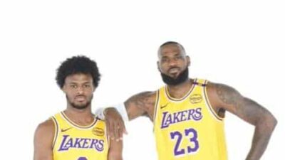 Bronny and LeBron James on Lakers Media Day - via screenshot