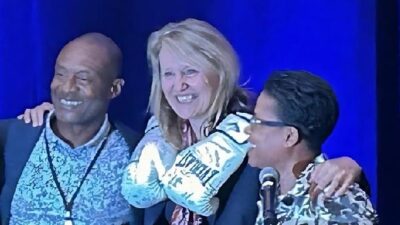 Neville Boston CBM board member, Asm. Buffy Wicks accepts legislator of the year award and Dr. Paulette Brown-Hinds publisher of IE & Black Voice. (EMS photo)