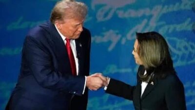 Trump and Harris shake hands at ABC debate - screenshot