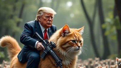 Trump riding a cat with AR type rifle - via X