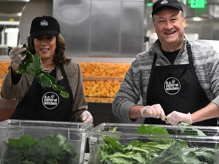 Kamala Harris Gives Back by Serving Meals on Thanksgiving // Kamala Harris and Doug Emhoff at DC Central Kitchen on Thanksgiving Day, 2024  - Getty