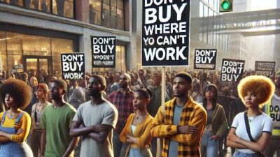 African American Protestors with 'Don't Buy Where You Can't Work' placards