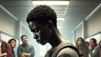 Black student being bullied and feeling isolated in school hallway