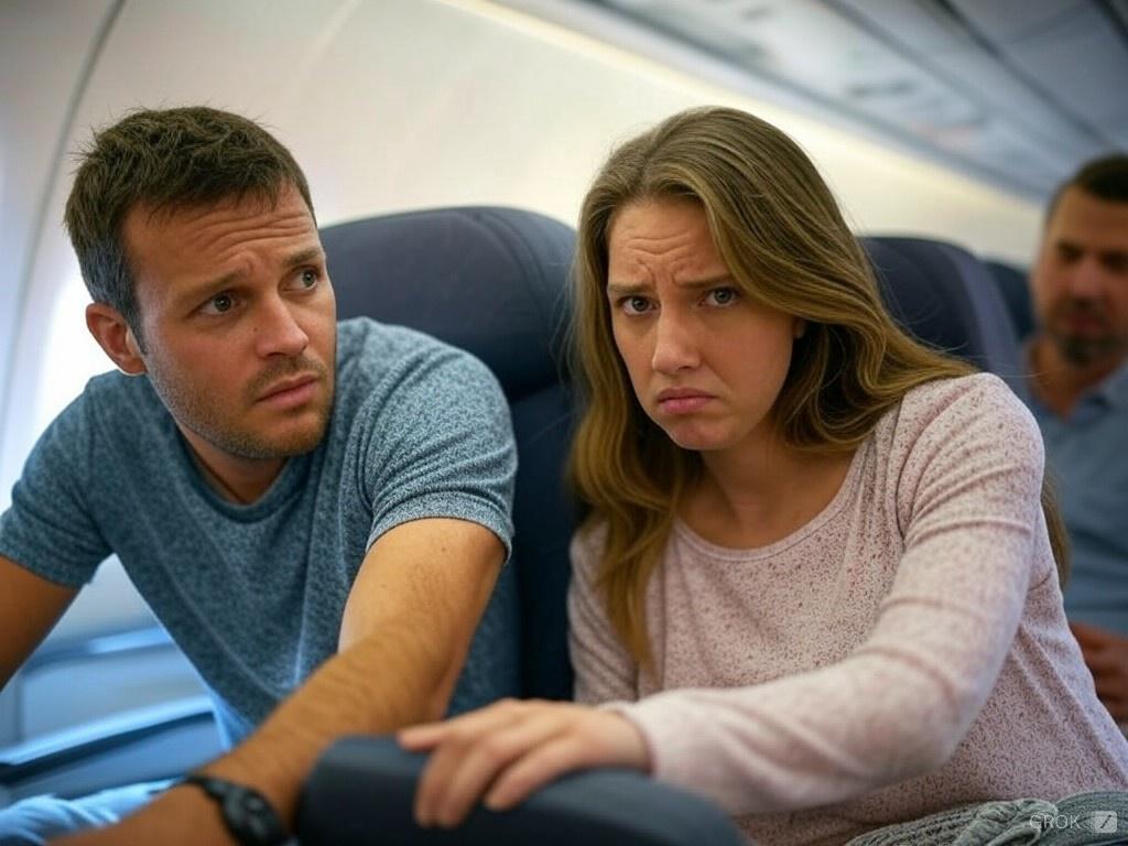 Worst-Behaved Travelers of 2024: Unforgettable Incidents // Unhappy couple on airline flight - via Grok