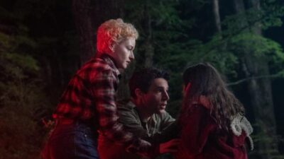 Charlotte (Julia Garner), Blake (Christopher Abbott) and Ginger (Matilda Firth) in Wolf Man - via Universal Studios