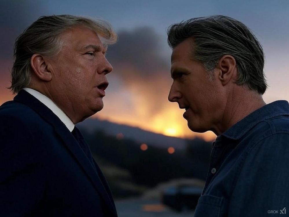 Trump Under Fire for Comments on Newsom Amid California Fires // Donald Trump and Gavin Newsom (wildfire in bgrd)