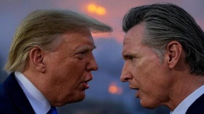 Donald Trump and Gavin Newsom (wildfire in bgrd)
