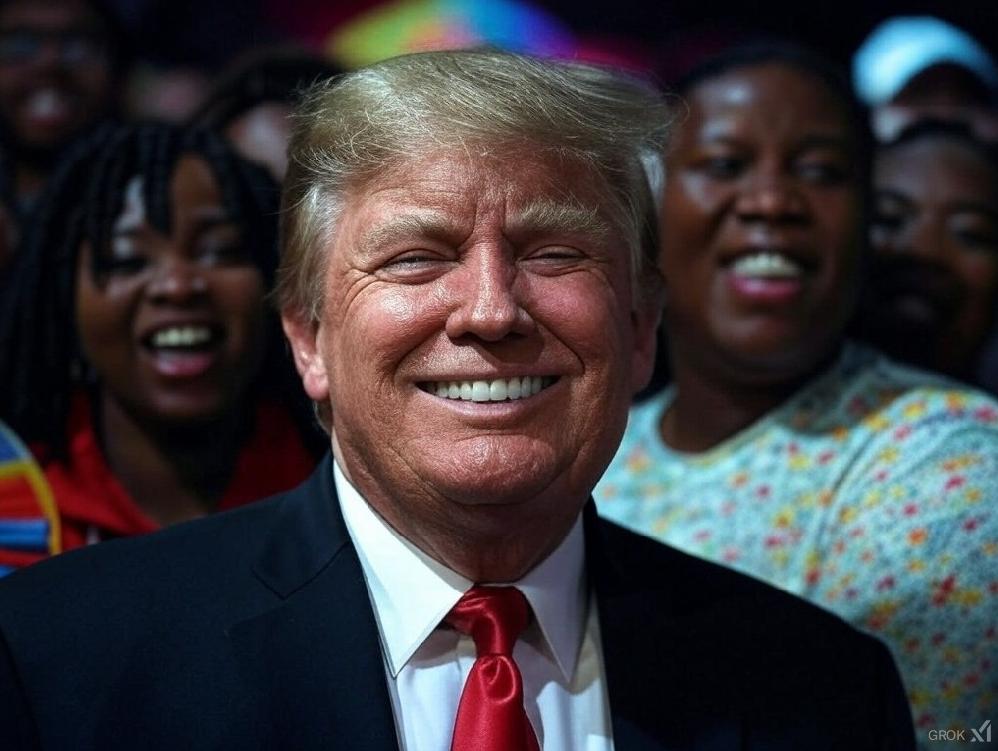 With Trump re-elected, 'no man is above the law' is not a reality // Donald Trump (with Black Trumpers) - via Grok AI