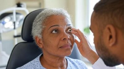Female African American senior gets eye exam