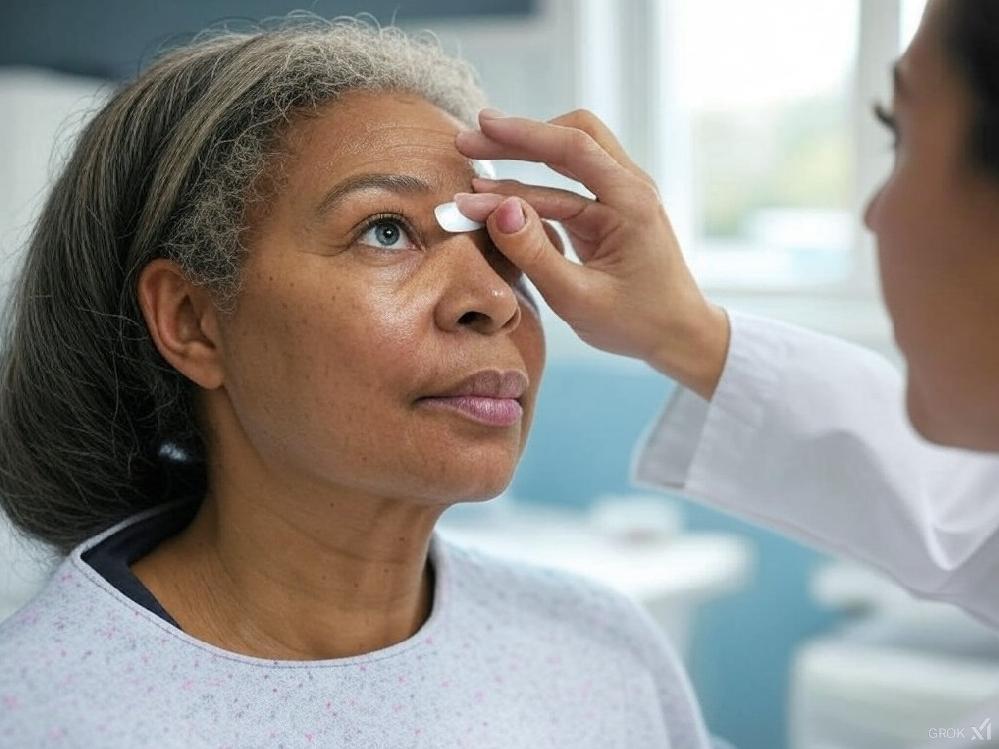 Female African American senior gets eye exam