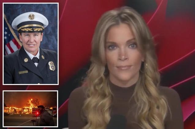 Karen Bass, Kristin Crowley Criticized Amid California Wildfires // LAFD Chief Crowley, sctuctre on fire, Megyn Kelly (LAFD-screenshots)