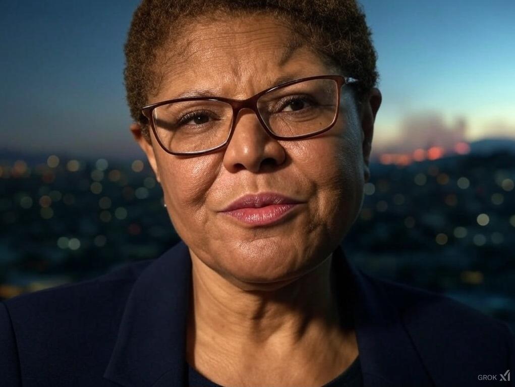 Mayor Karen Bass with LA wildfire in bgrd