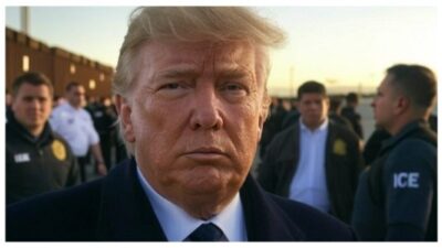 AI-Trump with illegals migrants and ICE agents in the background
