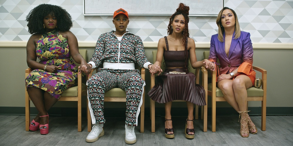 Angie (Shoniqua Shandai), Tye (Jerrie Johnson), Camille (Meagan Good) and Quinn (Grace Byers) in HARLEM S3 Photo Credit: Courtesy of Prime &copy; Amazon Content Services LLC