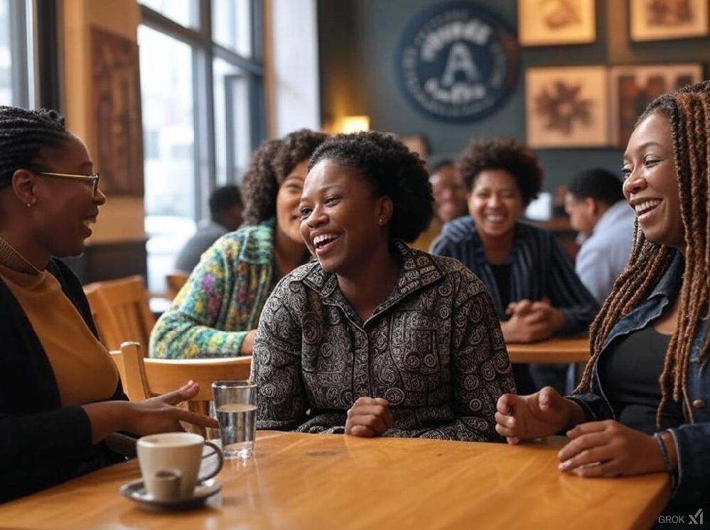Black women in conversation at coffee shop
