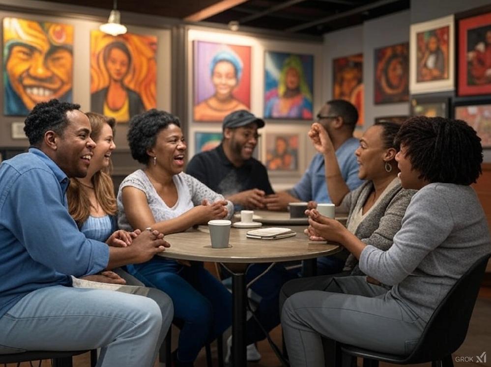 A.G. Gaston Motel: Alicia's Coffee Opens // Black people in conversation at coffee shop
