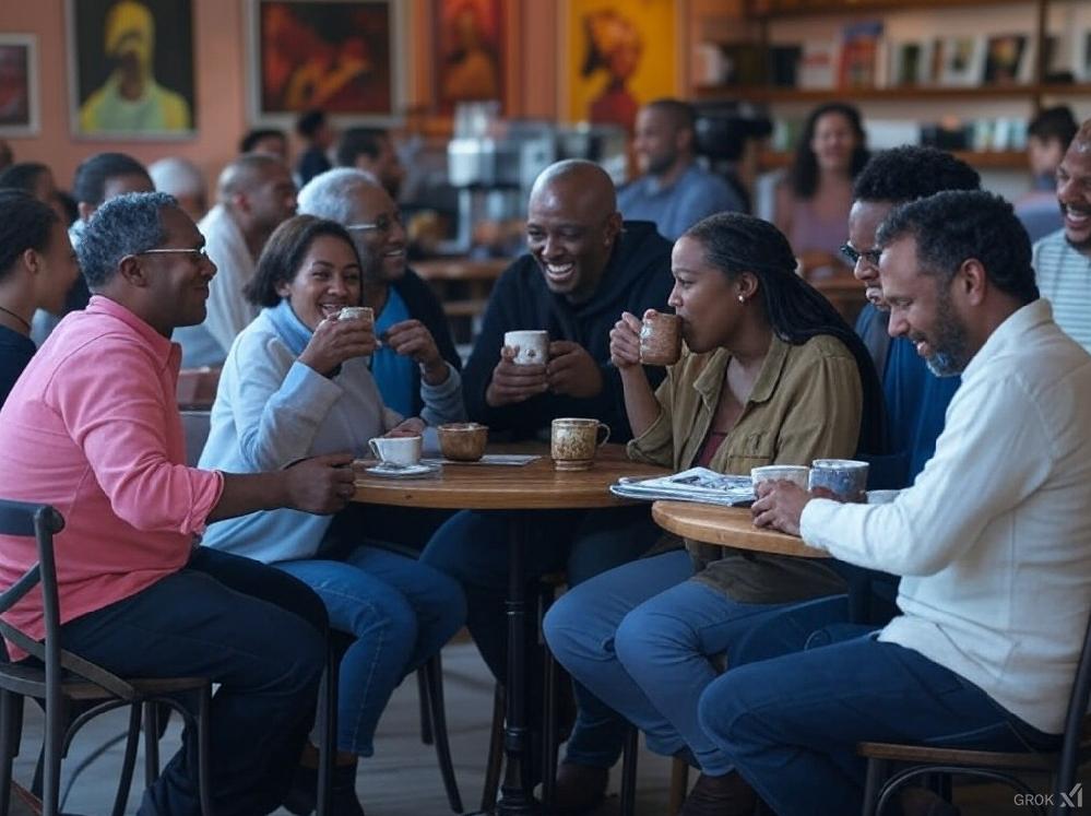 Black people in conversation at coffee shop