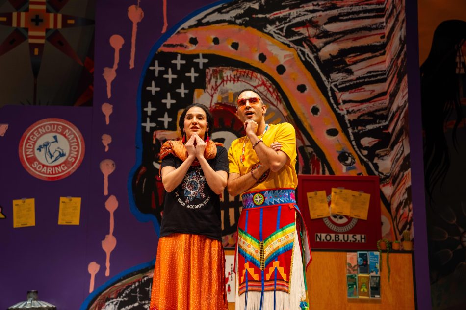 From L to R: Dakota Ray Hebert and Brandon Delsid in "Fake It Until You Make It" at the Mark Taper Forum. Produced by Center Theatre Group in association with Arena Stage. Photo by Makela Yepez.