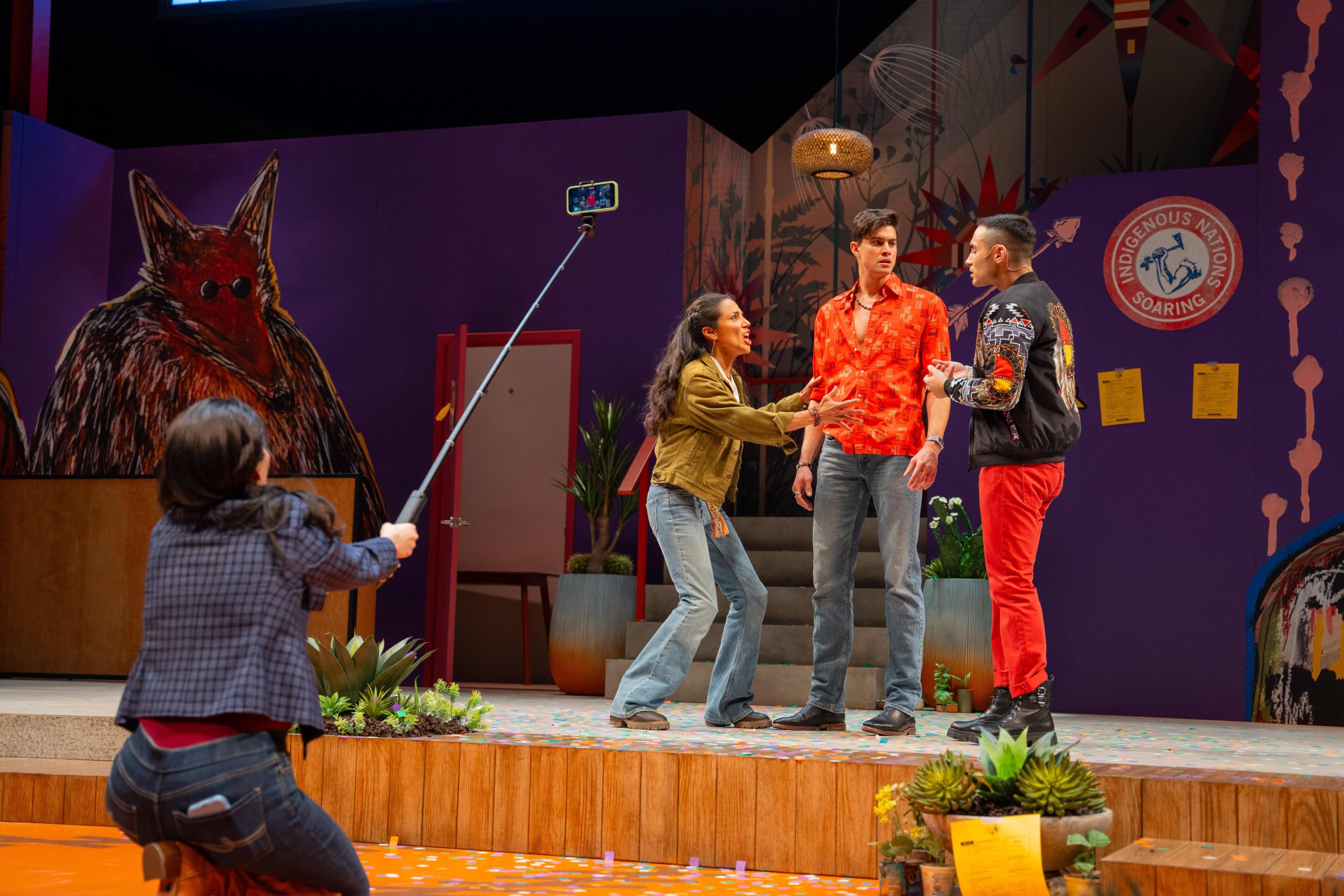 From L to R: Dakota Ray Hebert, Tonantzin Carmelo, Eric Stanton Betts, and Brandon Delsid in "Fake It Until You Make It" at the Mark Taper Forum. Produced by Center Theatre Group in association with Arena Stage. Photo by Makela Yepez.
