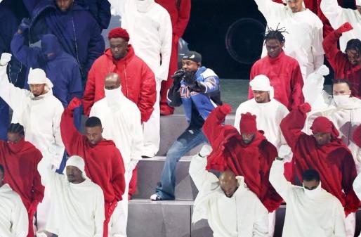 Kendrick Lamar performing at 2025 Super Bowl Halftime show - screenshot