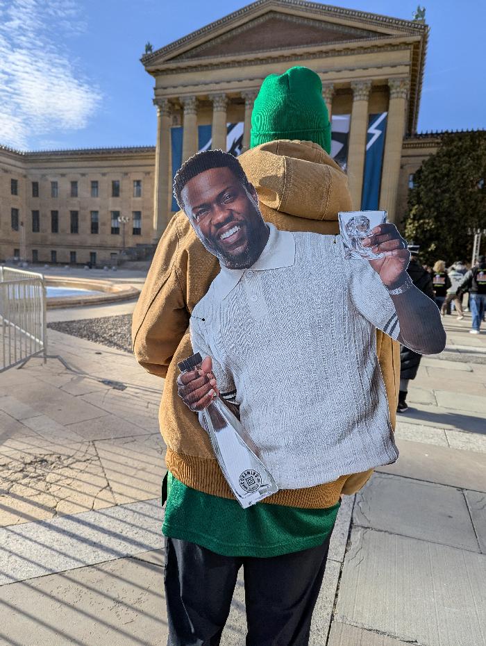 Philadelphia Eagles Super Bowl Celebration - Kevin Hart cut-out worn by Eagles fan