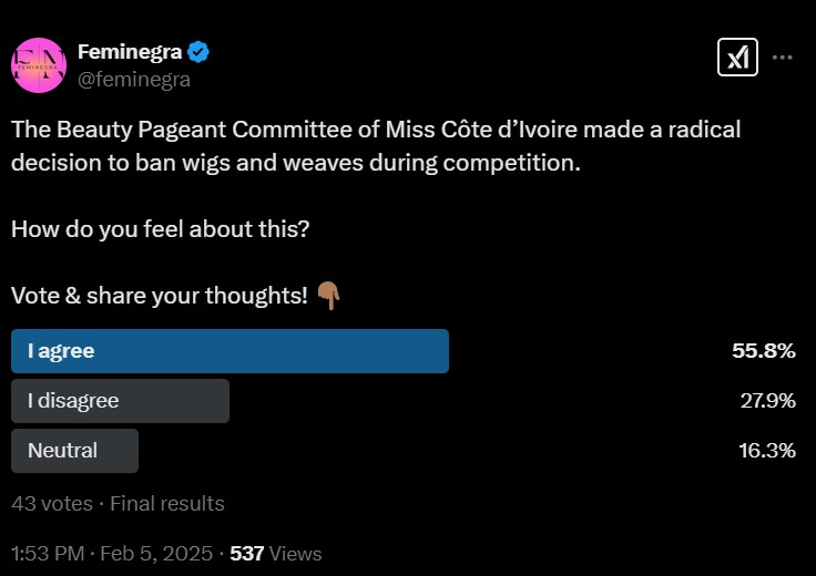 Miss Cote D'Ivoire 2025 Bans Weaves, Wigs in Competition