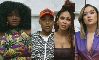 Angie (Shoniqua Shandai), Tye (Jerrie Johnson), Camille (Meagan Good) and Quinn (Grace Byers) in HARLEM S3 Photo Credit: Courtesy of Prime &copy; Amazon Content Services LLC