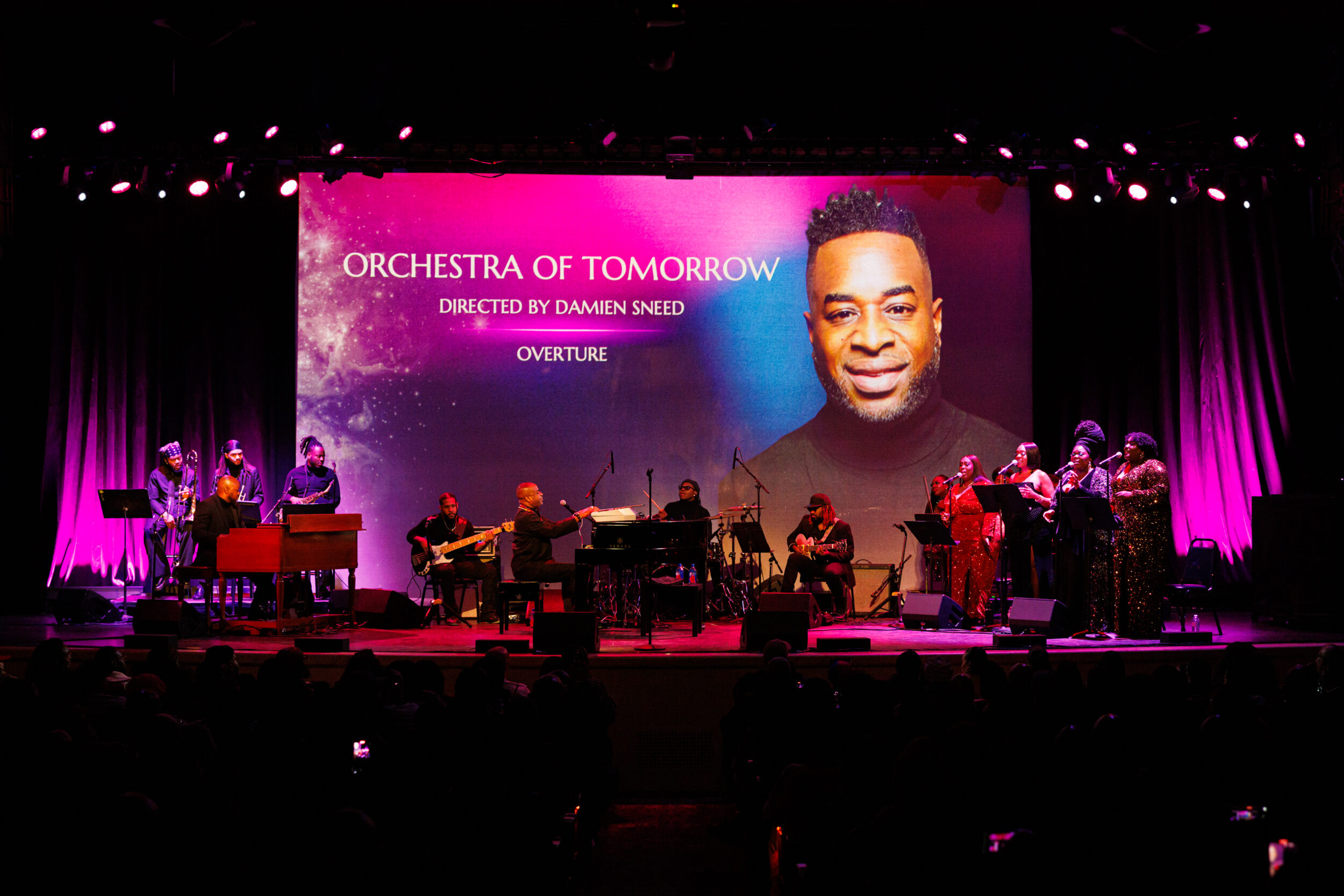 The Town Hall Presents &lsquo;Keeping The Faith: Celebrating 30 Years of Music and Entertainment with Singer/Songwriter Faith Evans.&rsquo; Photo of Damien Sneed and the band, vocalists and Orchestra of Tomorrow. (Photo Credit: Sachyn Mital) 