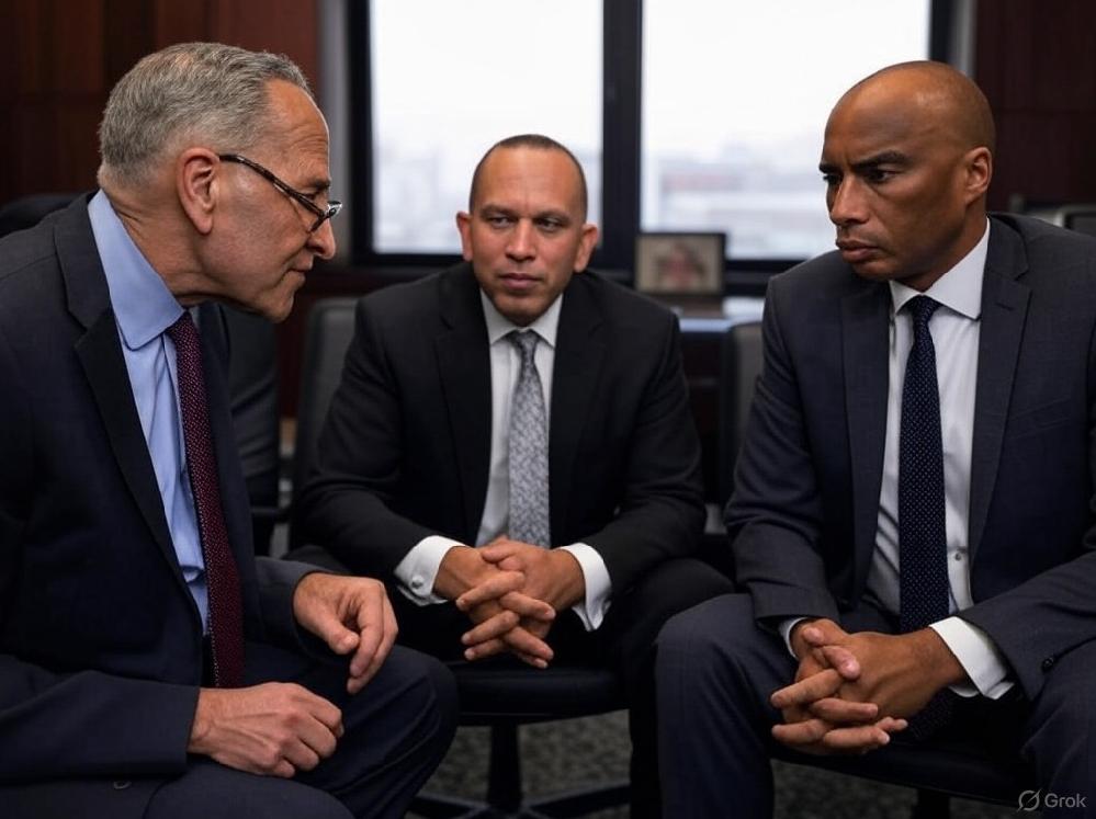 Chuck Schumer Charlamagne tha God Hakeem Jeffries - via Grok AI