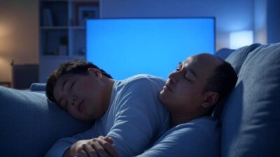 Father and son sleeping with TV on (with blue screen)