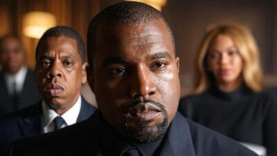 e West with Jay-Z and Beyonce in bgrd - via Grok AI