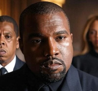 e West with Jay-Z and Beyonce in bgrd - via Grok AI