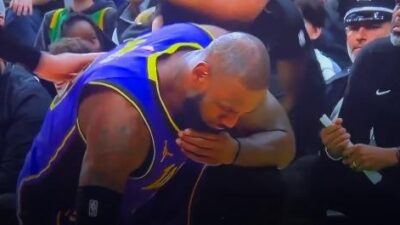 LeBron James after flopping against Jayson Tatum - screenshot