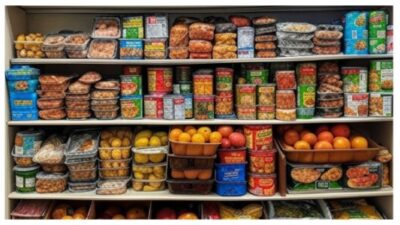 foods, canned goods at food bank or grocery store
