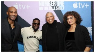 L-R Producer Datari Turner, Producer and Contributor Kevin Hart, Award-Winning Directors Reginald Hudlin and Shola Lynch attended the New York premiere screening of Apple TV+&rsquo;s &ldquo;Number One on the Call Sheet&rdquo; at the Crosby Street Hotel