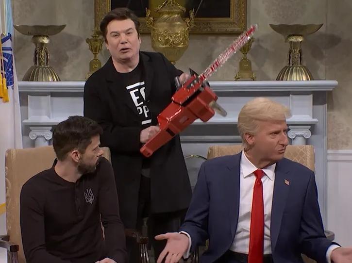 SNL Mocks Trump-Zelensky Oval Office Showdown // Volodymyr Zelensky (fake) - Elon Musk (fake: Mike Meyers) - Donald Trump (fake) - via SNL/NBC