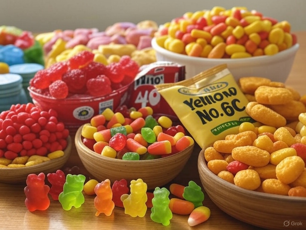 random snacks with colors like Red No. 40 and Yellow No. 6