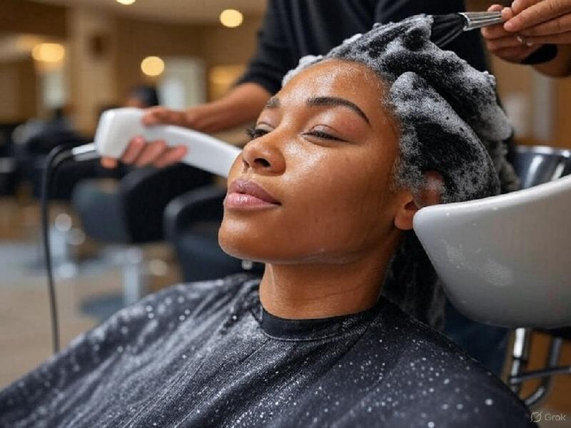 Black Woman getting hair relaxed with chemical - via Grok AI