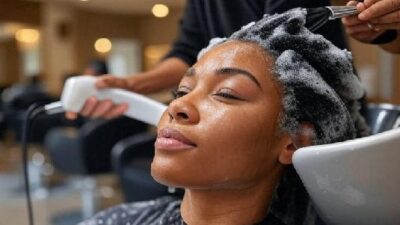 Black Woman getting hair relaxed with chemical - via Grok AI